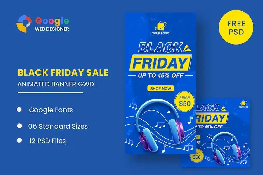 Black Friday Sale Headphone HTML5 Banner Ads GWD