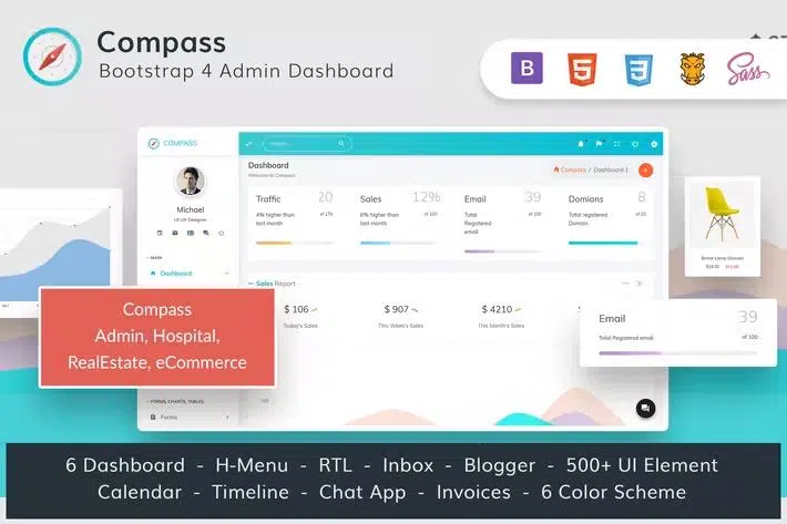 Compass Bundle -Bootstrap 4 Admin for Hospital RealEstate eCommerce