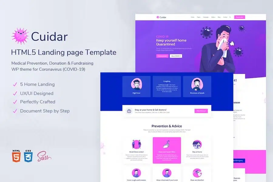 Cuidar – Coronavirus Medical Prevention, Donation & Fundraising HTML Template