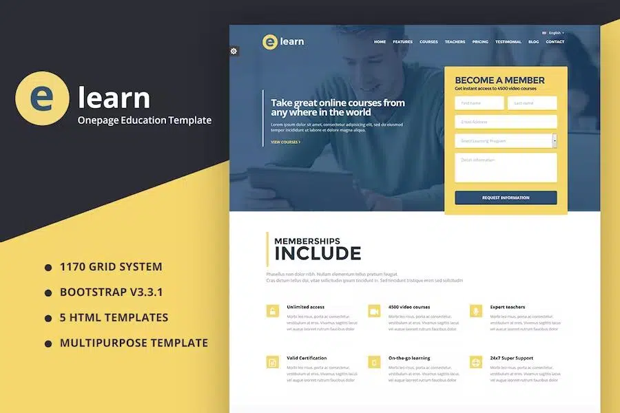 e-Learn – Onepage Bootstrap Education HTML