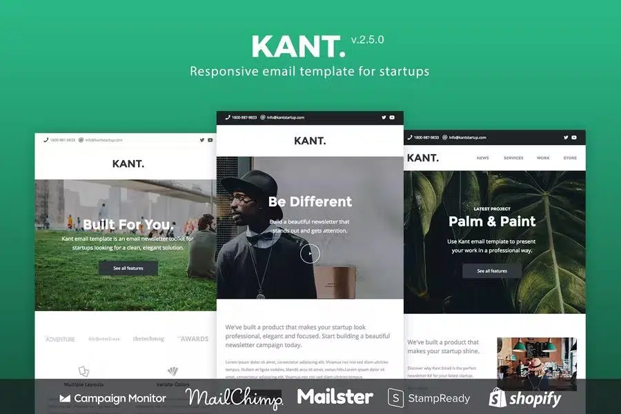 Kant – Responsive Email for Startups: 50+ Sections + MailChimp + Mailster + Shopify Notifications