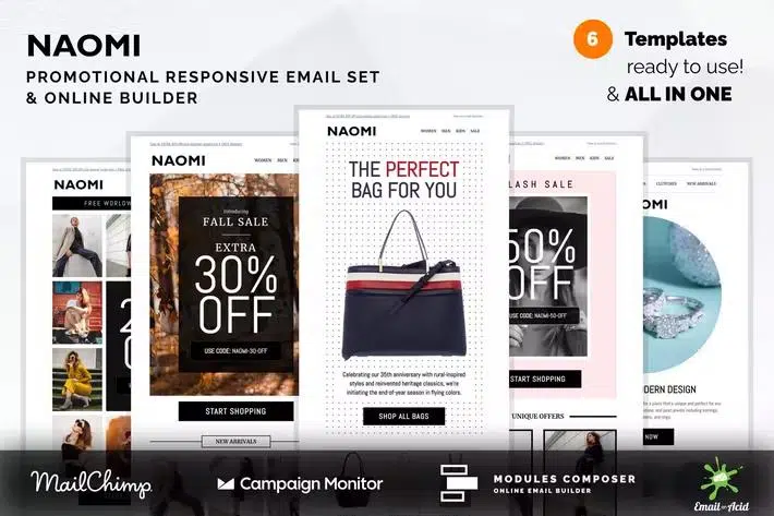 Naomi – Promotional Email Templates Set with Online Builder