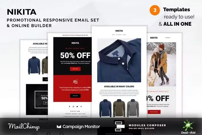 Nikita – Promotional Email Templates Set with Online Builder