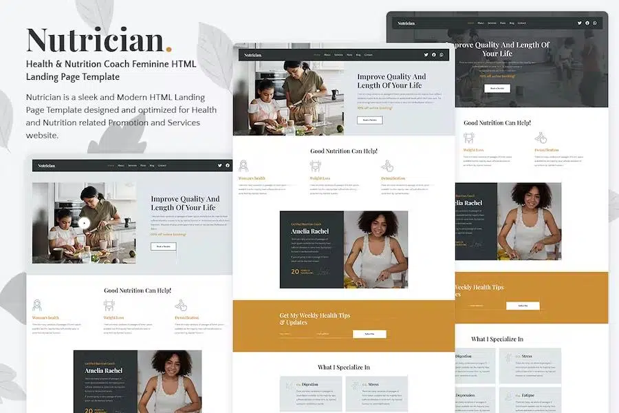 Nutrician – Health and Nutrition Coach Feminine HTML Landing Page Template