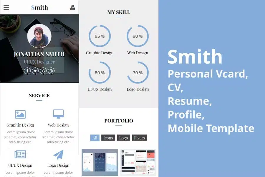 Smith – Personal vCard, CV, Resume, Profile Mobile Template