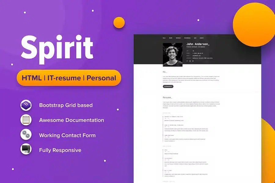 SpirIT – Portfolio & Resume HTML Template for Developers, Programmers and Freelancers.